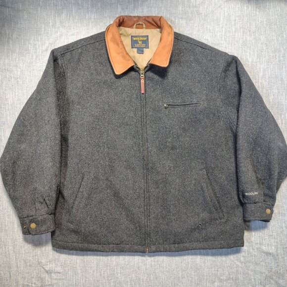 Woolrich Wool Bomber Jacket Size 2XL XXL Charcoal Heathered Leather Collar - Picture 1 of 15